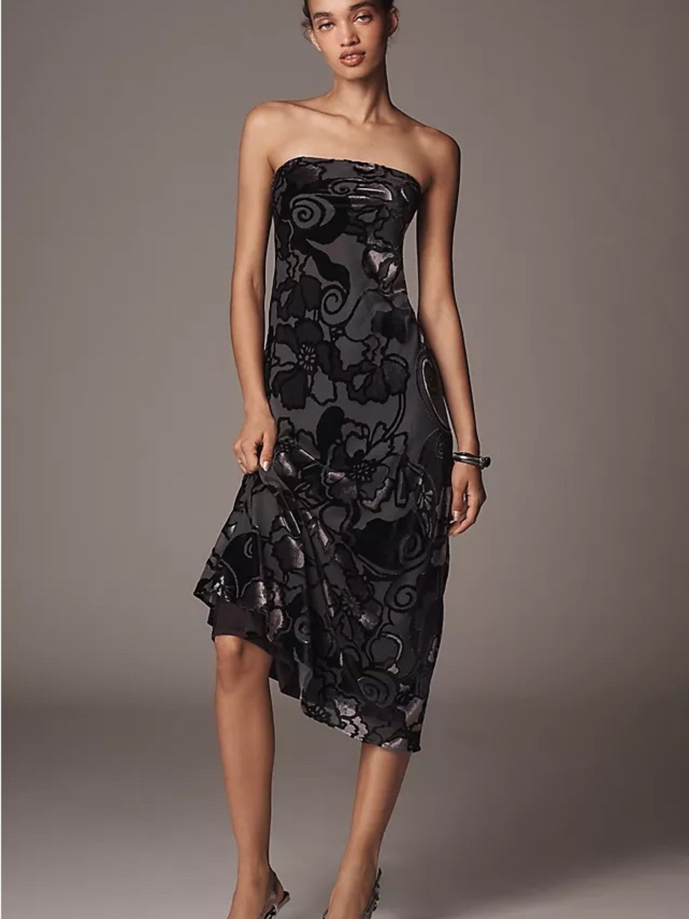 Anthropologie NWT Black Velvet Burnout Strapless Floral Midi Dress